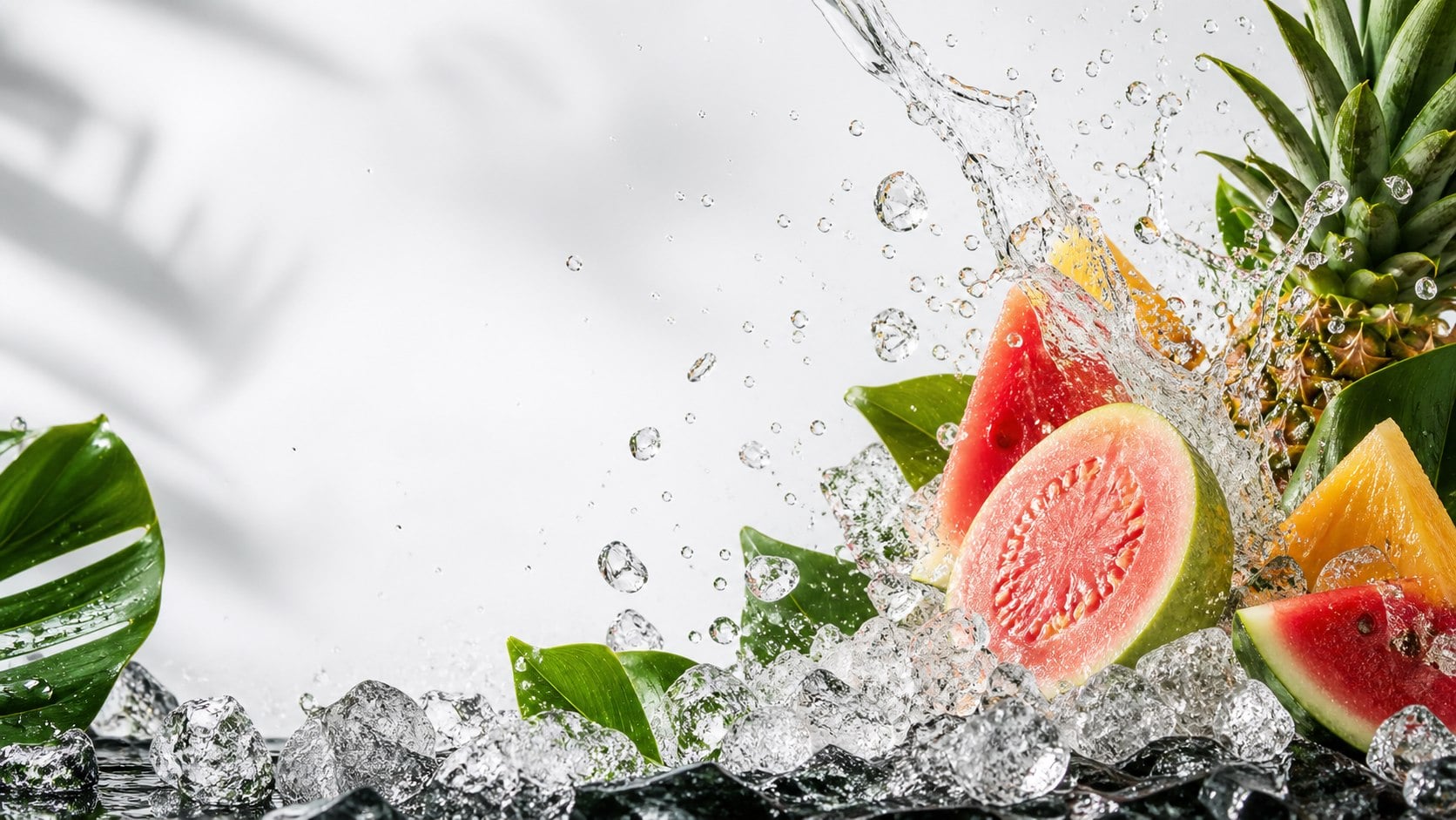 Tropical fruit splashing through ice and water.