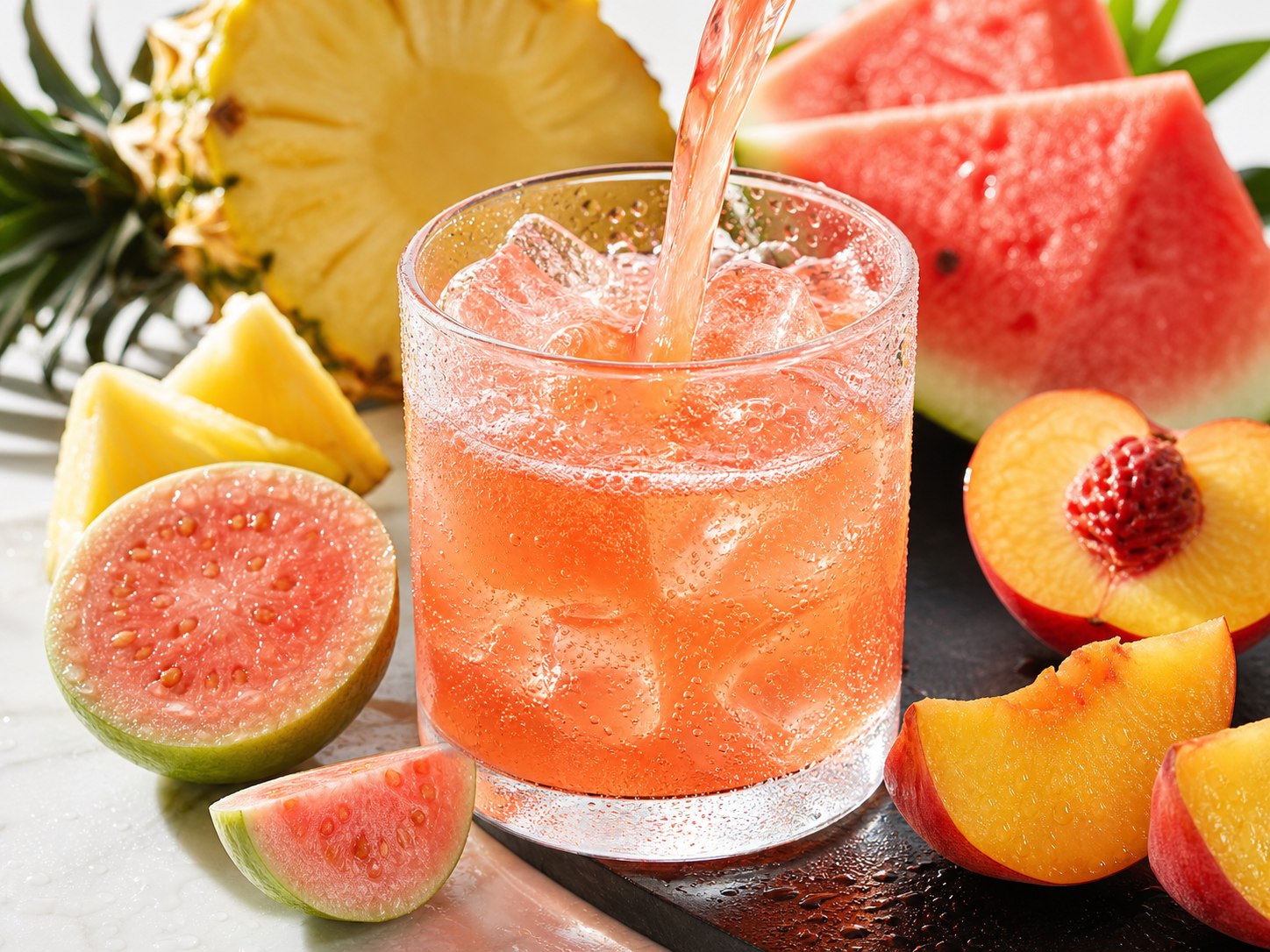 Pink sparkling juice poured over ice with tropical fruit.