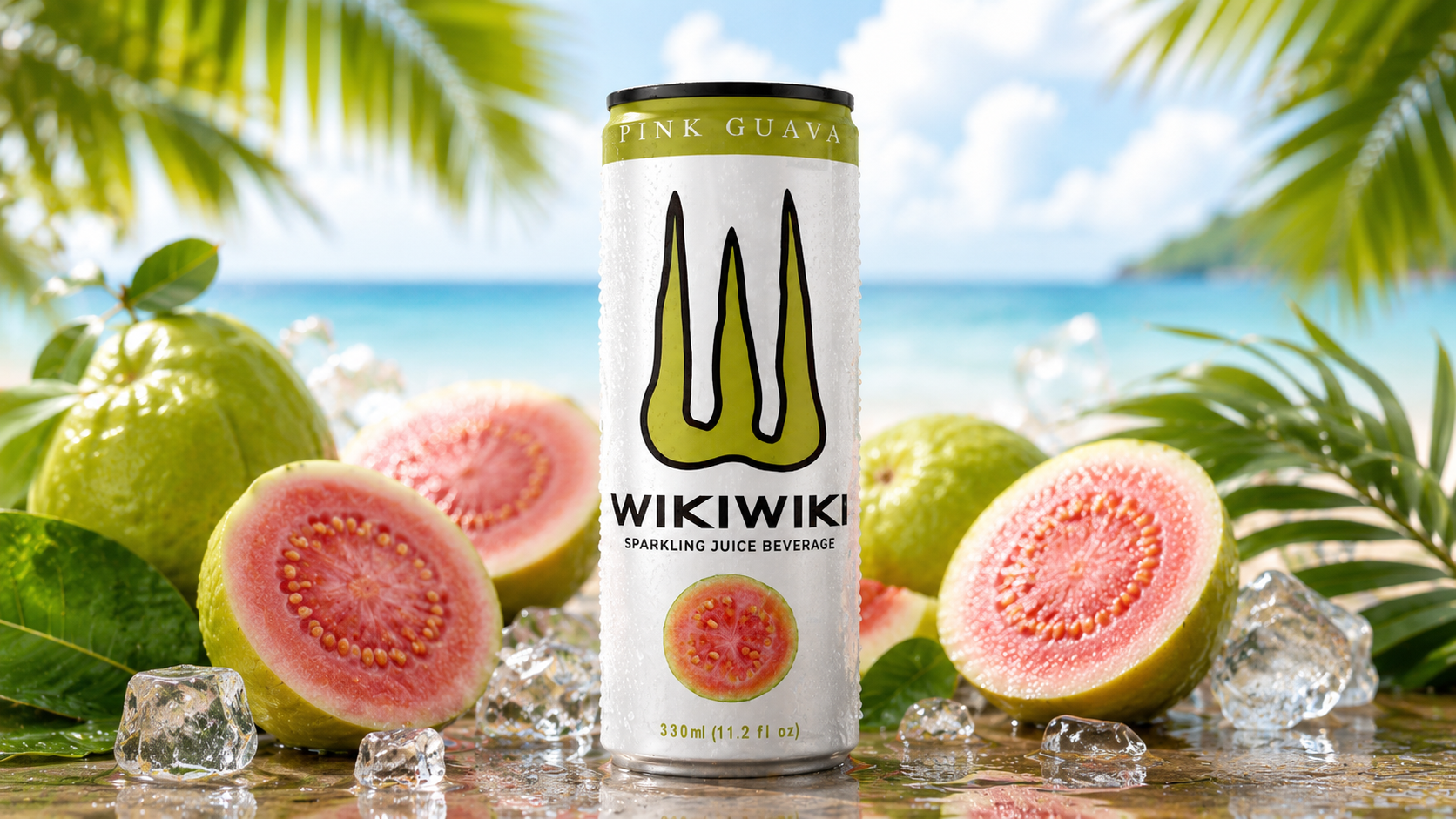 Wikiwiki Pink Guava can with fresh guava and ice.